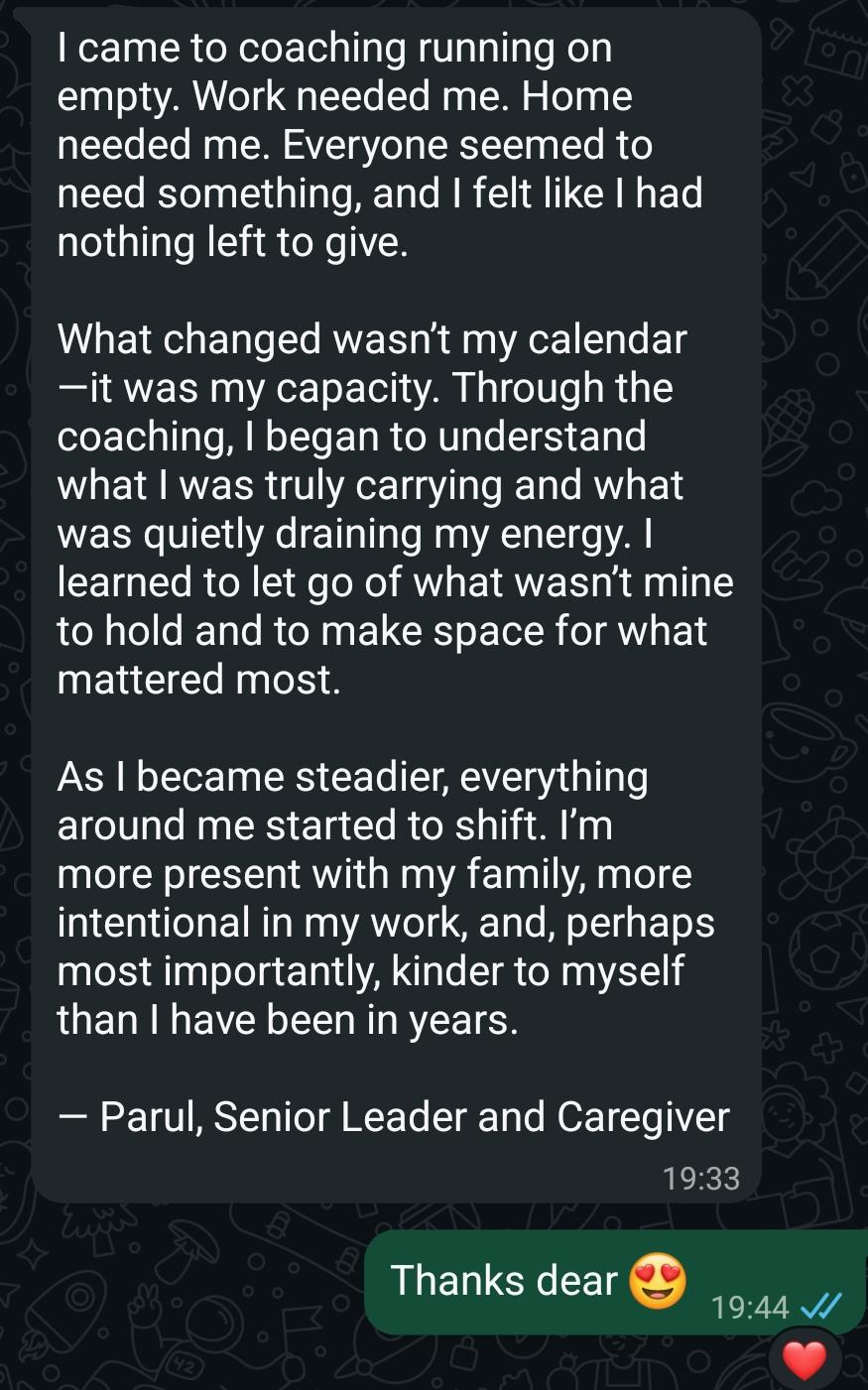 Original WhatsApp coaching feedback from Parul. A text version is available below.
